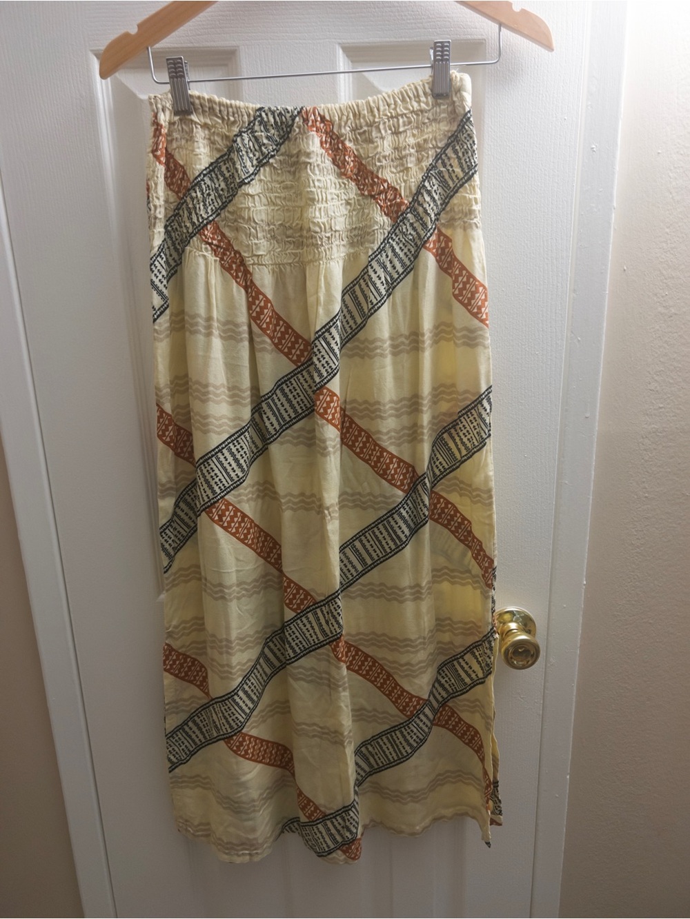 Strapless Cream Maxi Dress with Rust and Navy Diagonal Bands